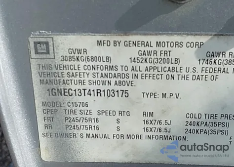 2001 Chevrolet Tahoe Lt z USA, uszkodzony, nr VIN 1GNEC13T41R103175